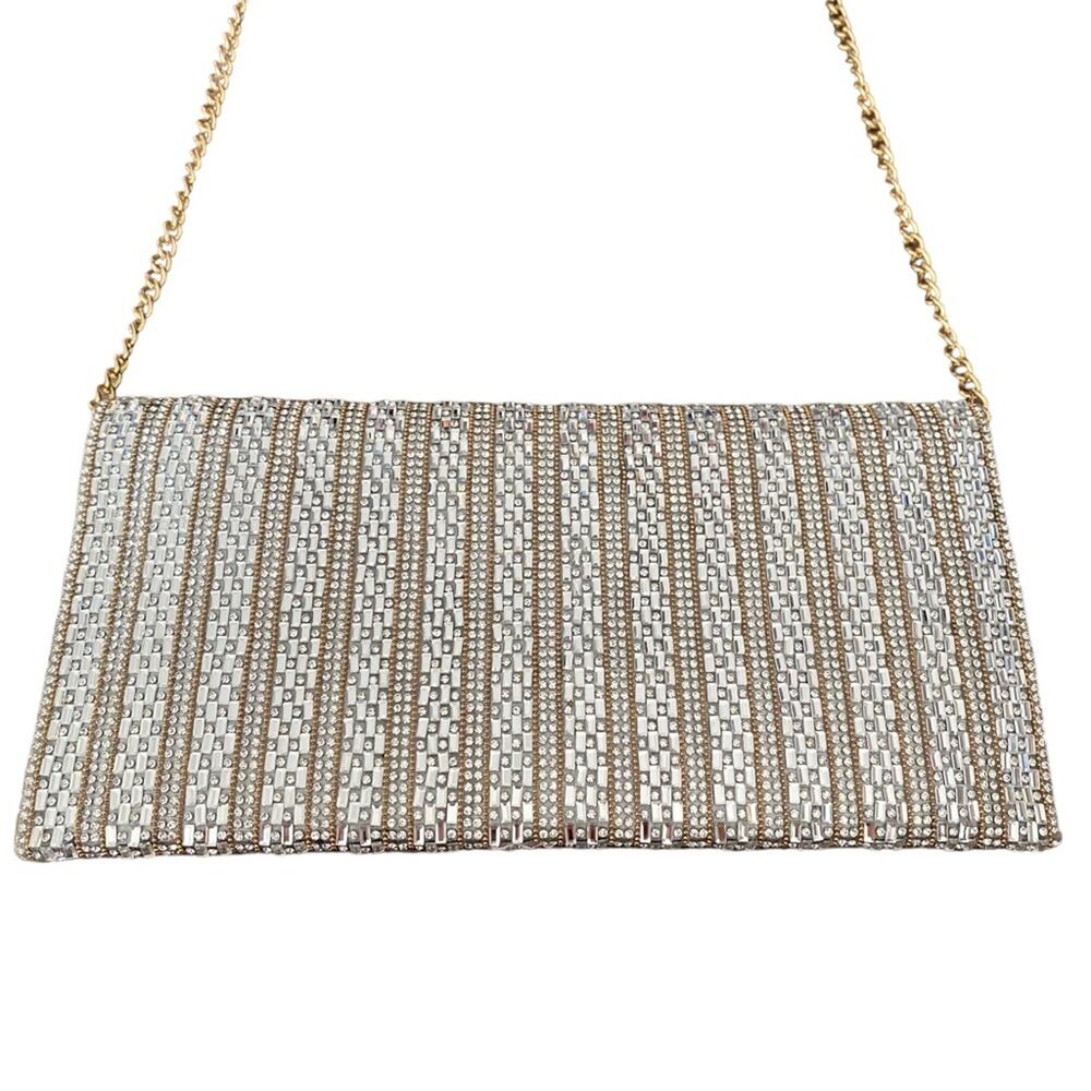 Aqua Beaded Chrystal Gold Chain Purse Clutch Handbag Evening Cocktail - Picture 6 of 8